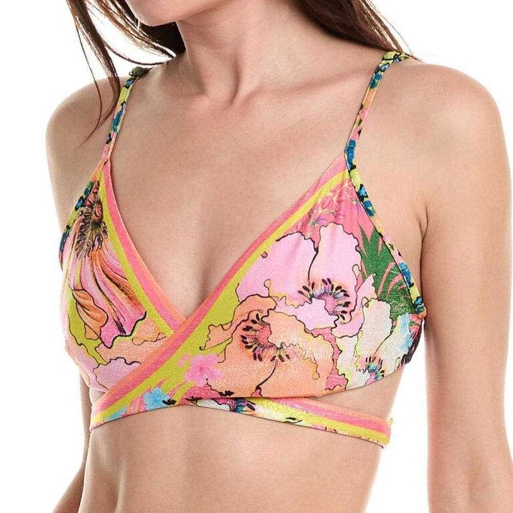Agua Bendita Nechi Praia Sustainable Bikini Top Floral Metallic Wrap Medium NEW